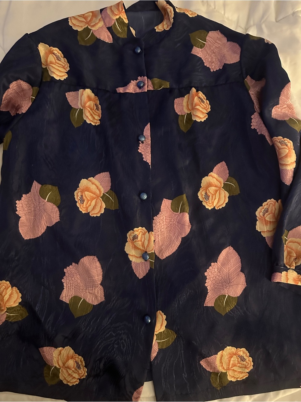 Navy Floral Button-Up Blouse with Pink Roses